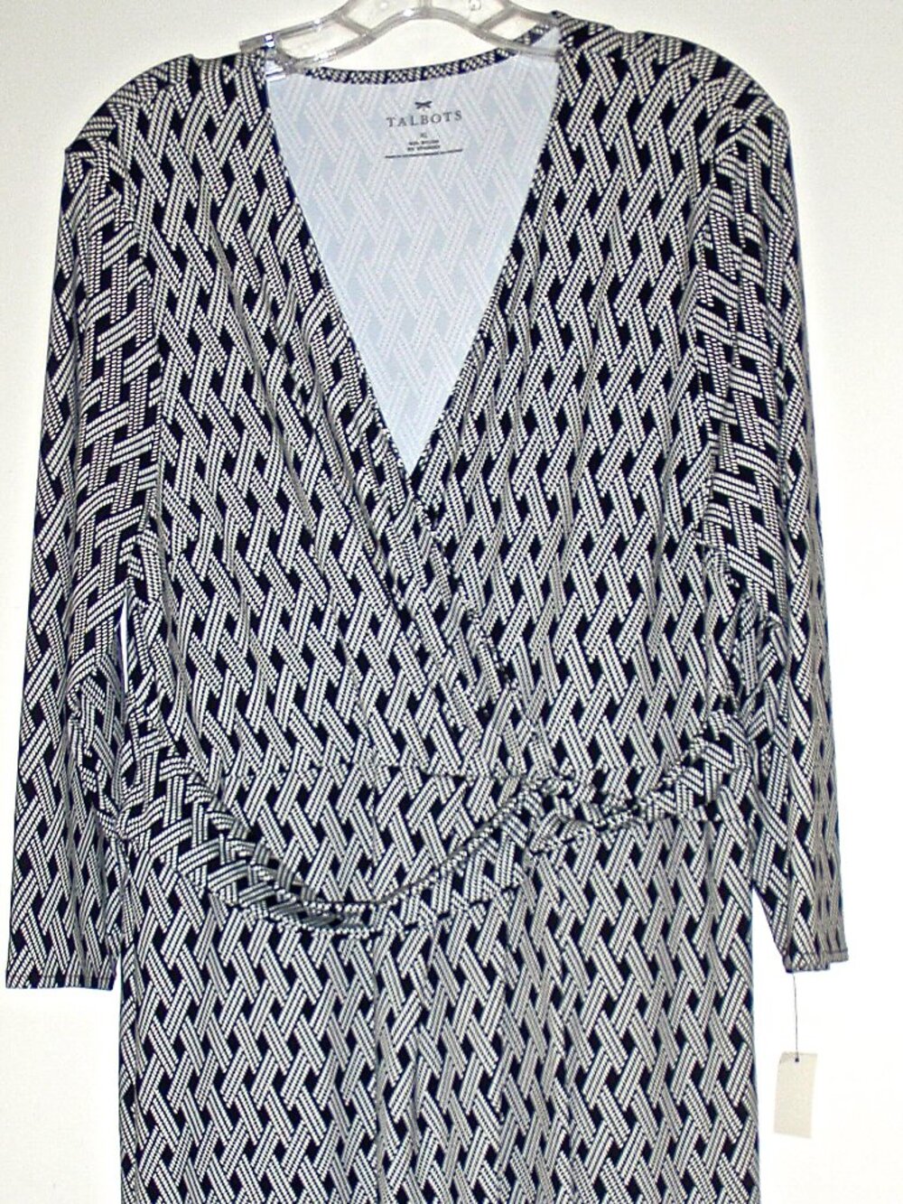 TALBOTS WOMEN'S STRETCH 3/4 SLEEVE BLACK & WHITE WOVEN PATTERN WRAP DRESS XL~NWT
